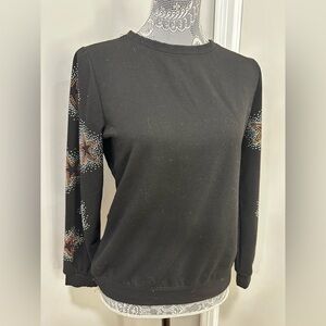 Women’s Remi Jones Black Crew Neck Pullover  Top. Sparkle Star Sleeves. Small.